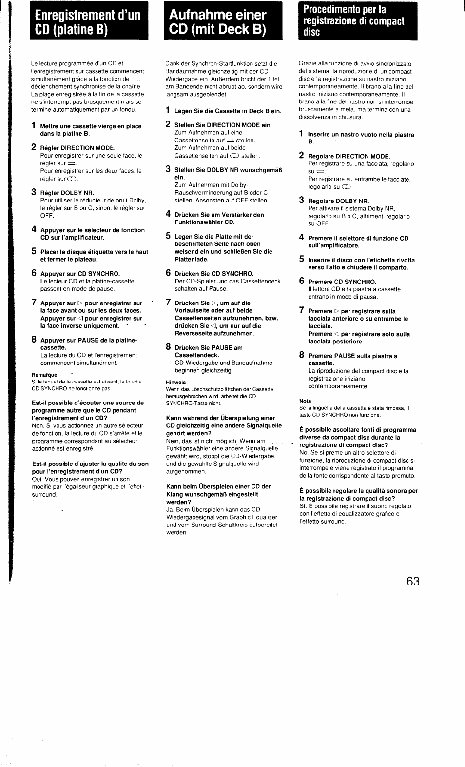 Enregistrement d’un cd (platine b), Aufnahme einer cd (mit deck b), Registrazione di compact disc | Sony MHC-3500 User Manual | Page 63 / 99