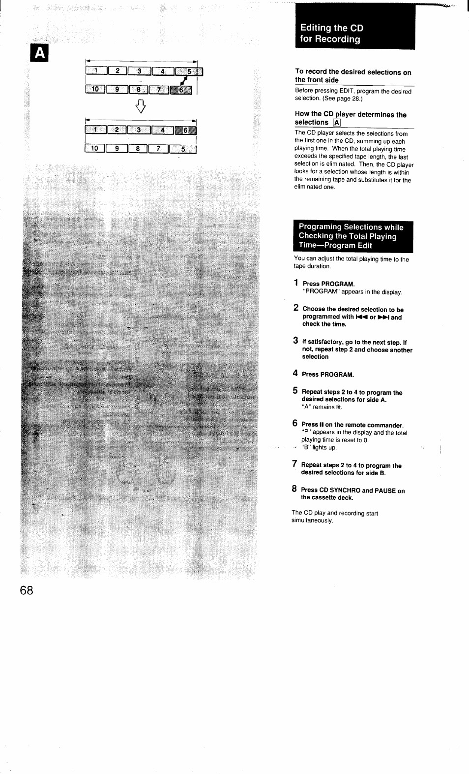 Editing the cd for recording, 1 press program, 4 press program | 6 press ii on the remote commander, 8 press cd synchro and pause on the cassette deck, Ize3z1i | Sony MHC-3500 User Manual | Page 68 / 99