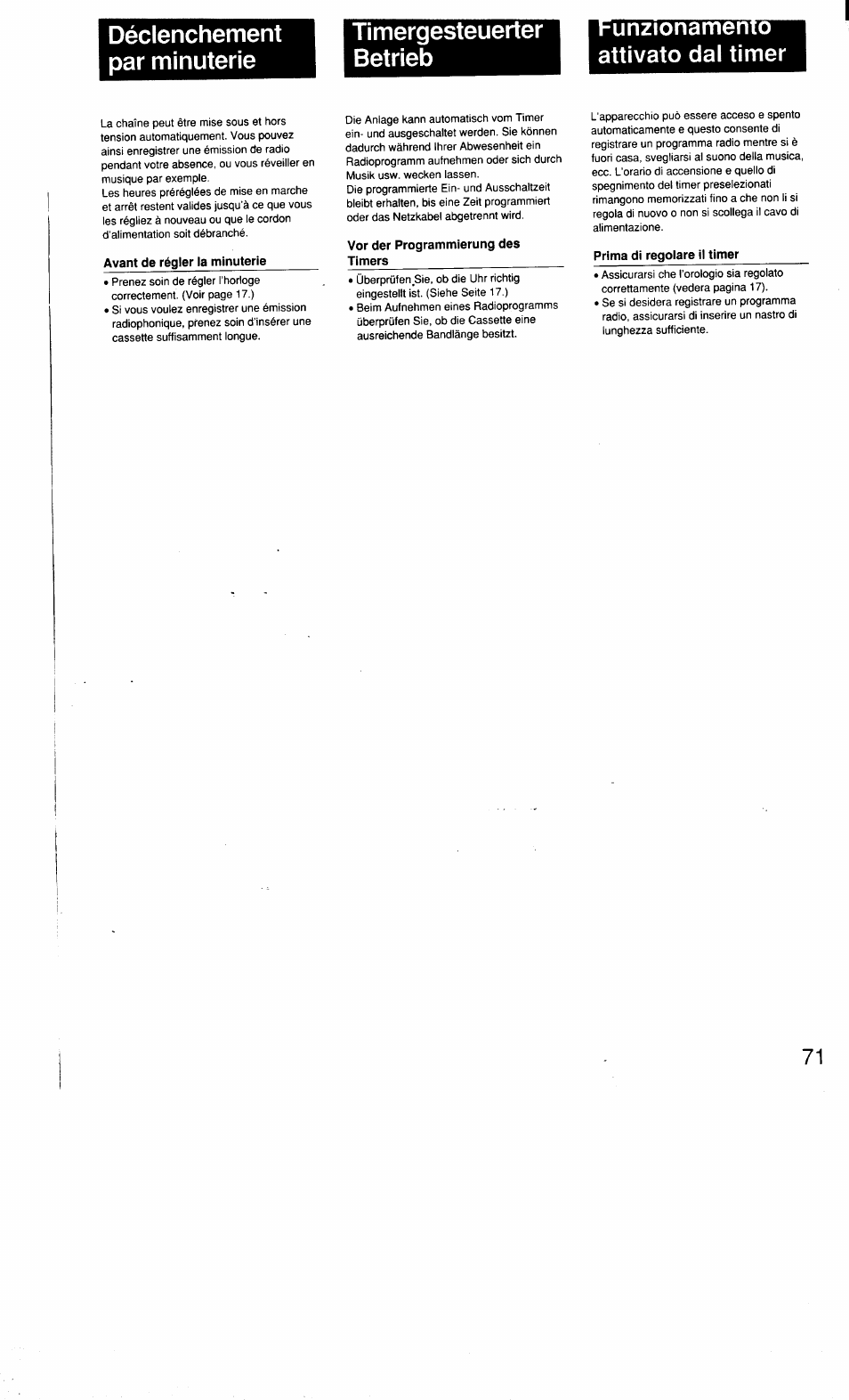 Déclenchement par minuterie, Timergesteuerter, Betrieb | Hunzionamento attivato dal timer, Avant de régler la minuterie, Vor der programmierung des timers, Prima di regoiare ii timer | Sony MHC-3500 User Manual | Page 71 / 99