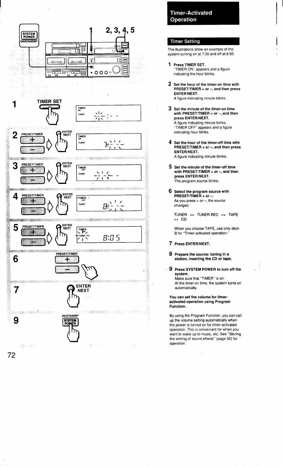 Timer set, Timer-activated, Operation | Timer setting, 1 press timer set, Enter yy next, 6 select the program source with preset/timer + or, 7 press enter/next, 9 press system power to turn off the system, Timer-activated operation | Sony MHC-3500 User Manual | Page 72 / 99