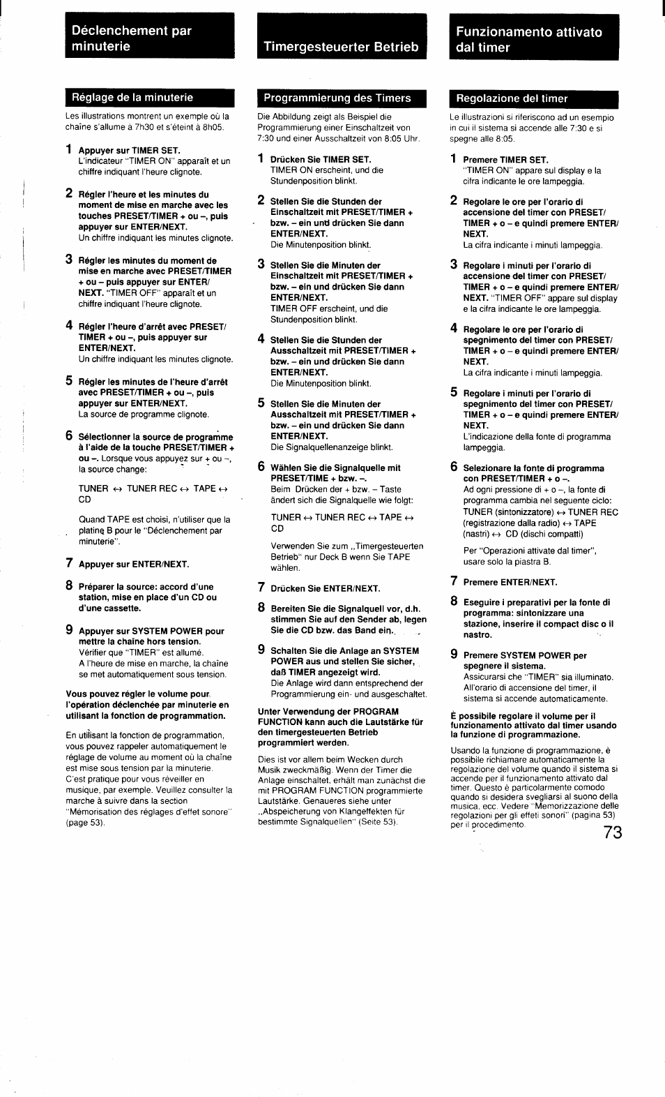 Timergesteuerter betrieb, Funzionamento attivato dal timer, Réglage de la minuterie | Programmierung des timers, Regolazione del timer | Sony MHC-3500 User Manual | Page 73 / 99