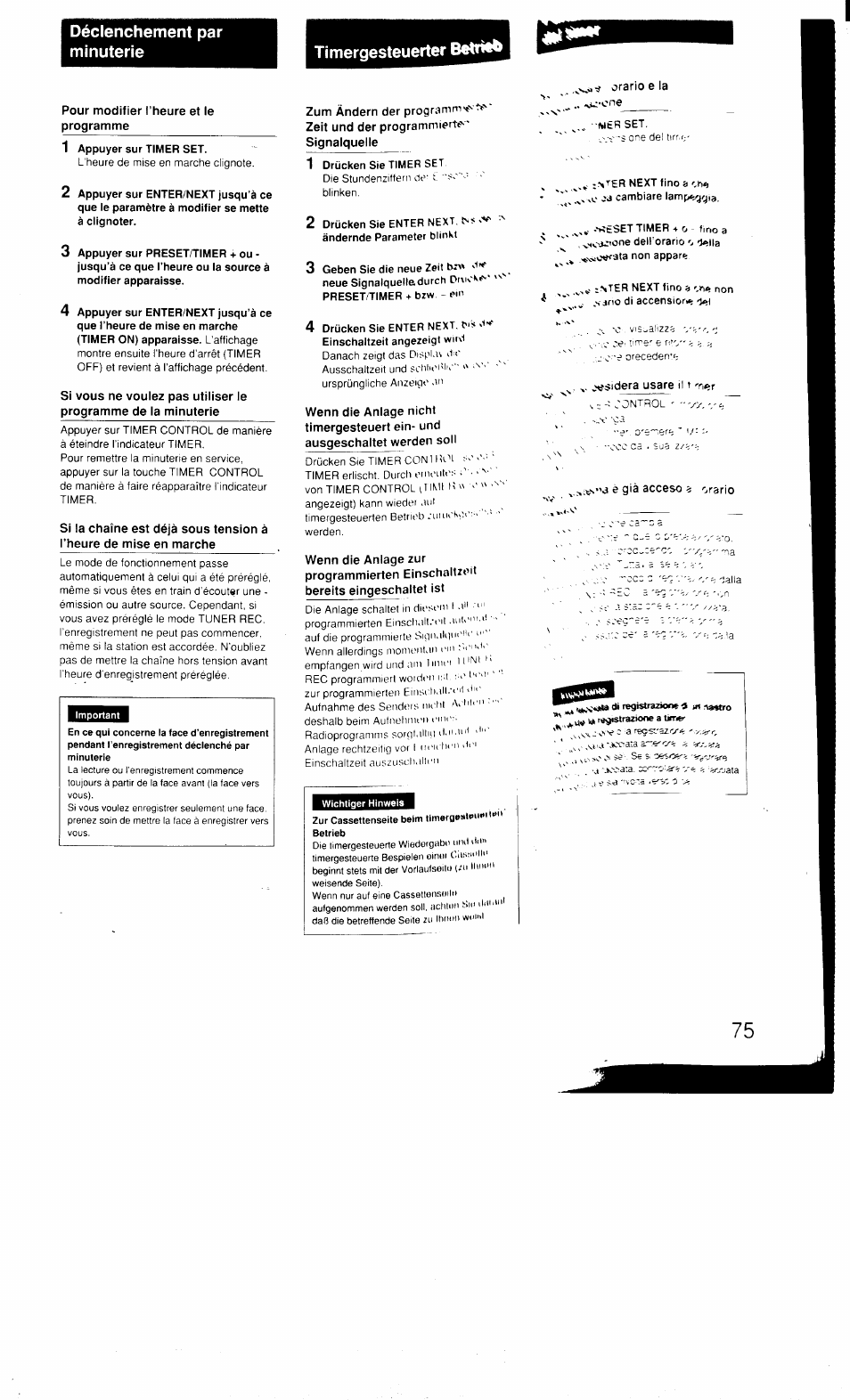 Déclenchement par minuterie, 1 appuyer sur timer set, 1 drücken sie timer set | 2 drücken sie enter next, Zur cassettenseite beim llmergesleii