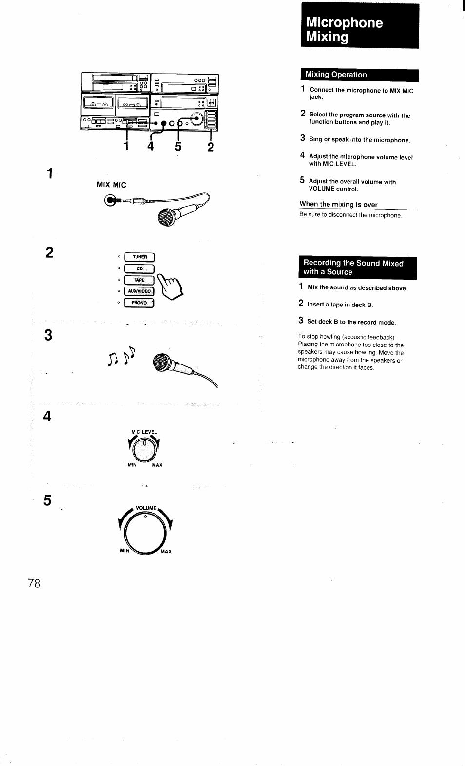 Microphone, Mixing, Mixing operation | When the mixing is over, Recording the sound mixed with a source, Microphone mixing | Sony MHC-3500 User Manual | Page 78 / 99