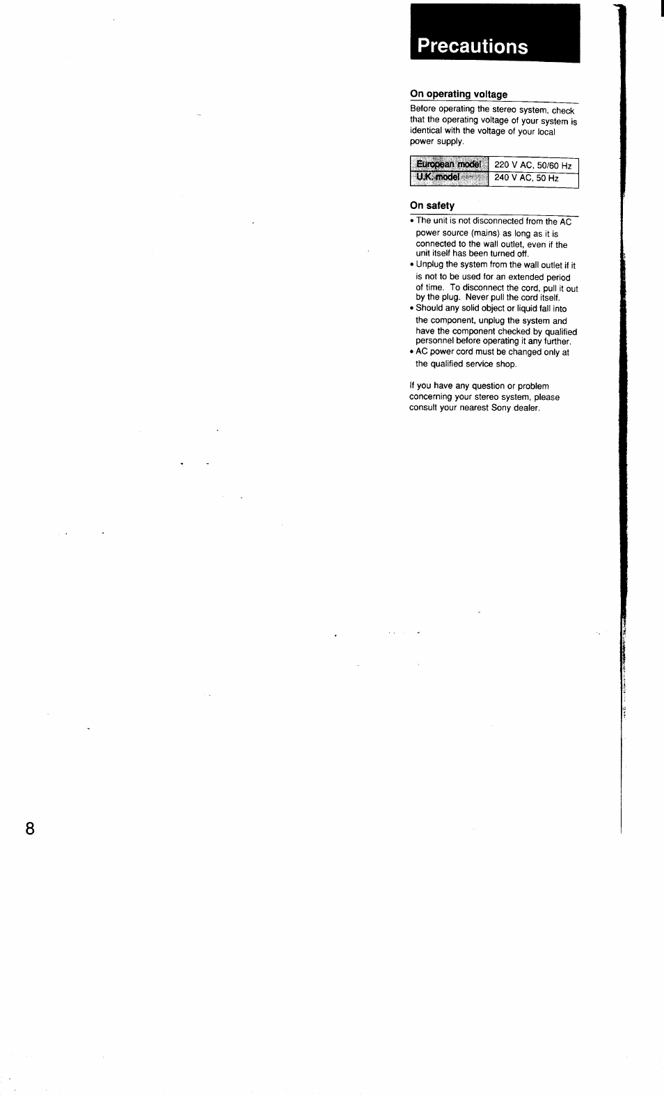 On operating voltage, On safety, Precautions | Sony MHC-3500 User Manual | Page 8 / 99