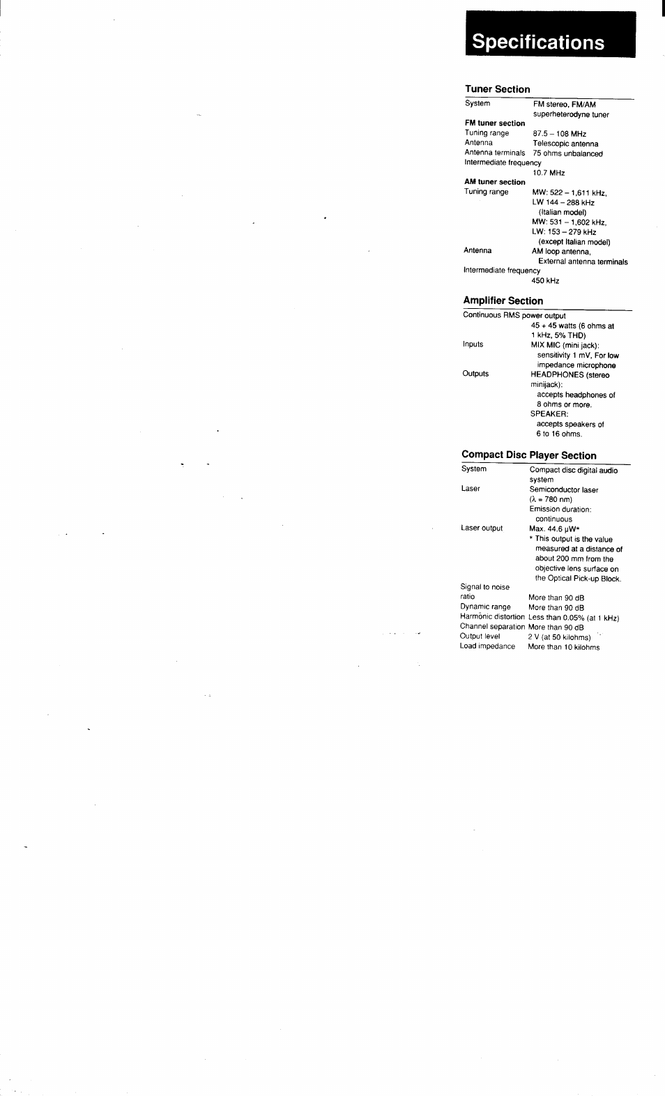 Specifications, Tuner section, Amplifier section | Compact disc player section | Sony MHC-3500 User Manual | Page 82 / 99