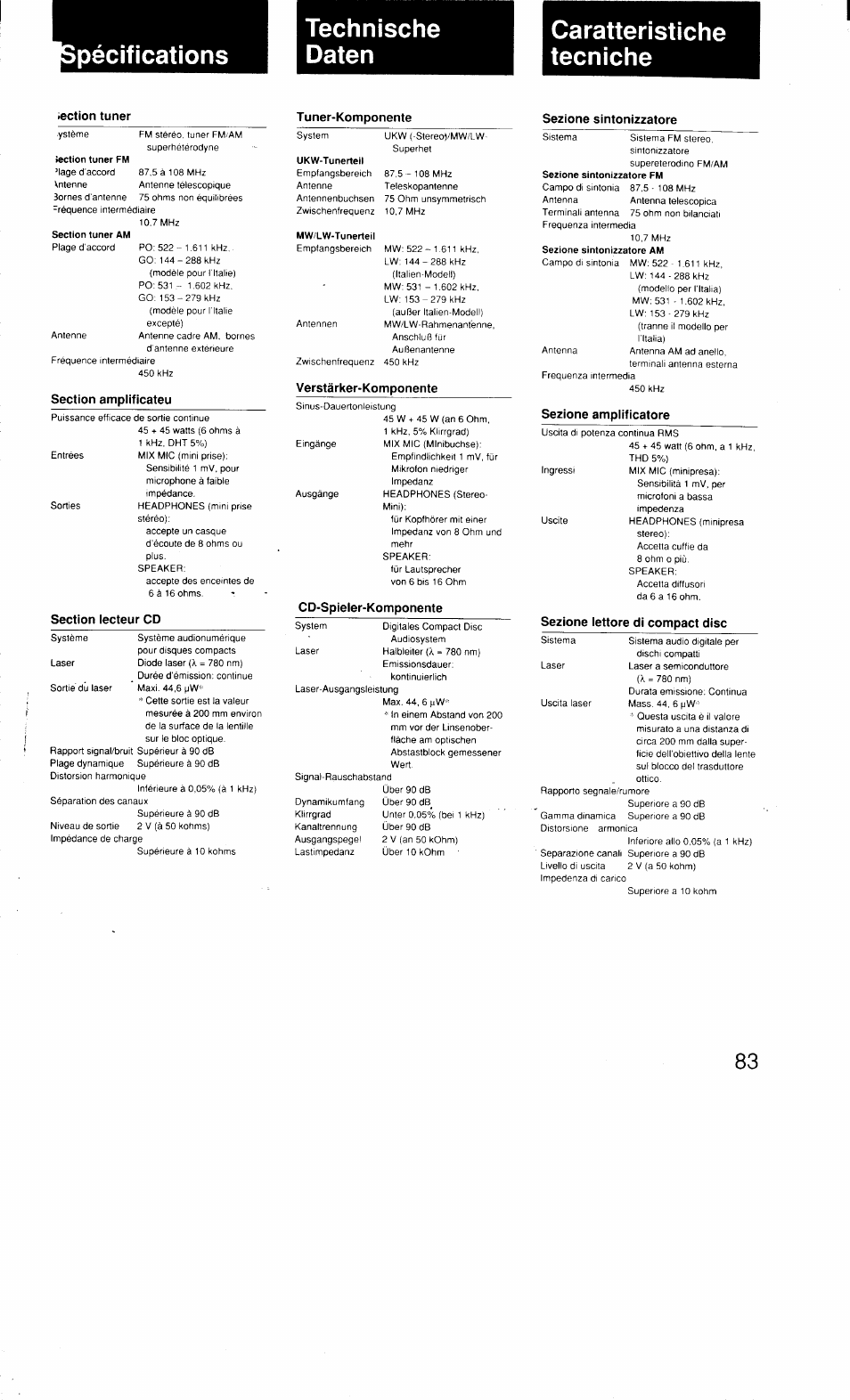 Pécífications, Technische, Daten | Iection tuner, Tuner-komponente, Sezione sintonizzatore, Specifications, Verstärker-komponente, Sezione ampiiticatore, Sezione lettore di compact disc | Sony MHC-3500 User Manual | Page 83 / 99