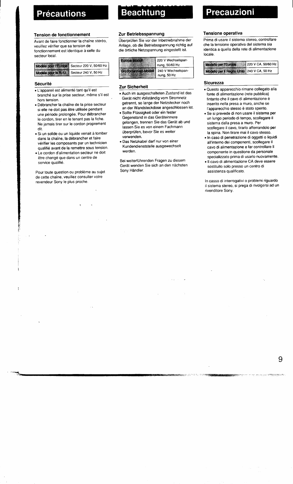 Tension de fonctionnement, Précautions, Beachtung | Precauzioni | Sony MHC-3500 User Manual | Page 9 / 99