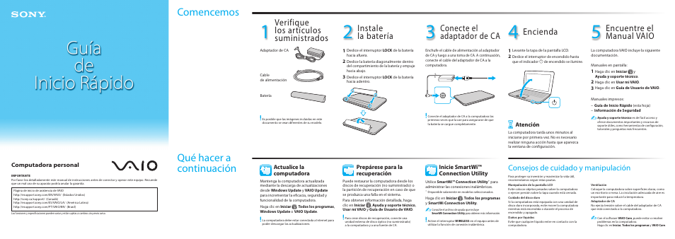 Comencemos, Qué hacer a continuación, Verifique los artículos suministrados | Instale la batería, Conecte el adaptador de ca, Encienda, Encuentre el manual vaio, Consejos de cuidado y manipulación | Sony VPCM111AX User Manual | Page 2 / 2