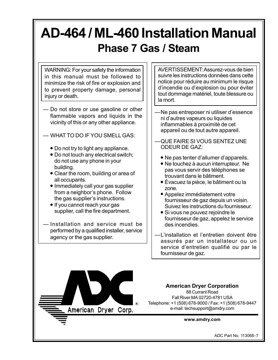 American Dryer Corp. Phase 7 Gas/Steam AD-464 User Manual | 62 pages