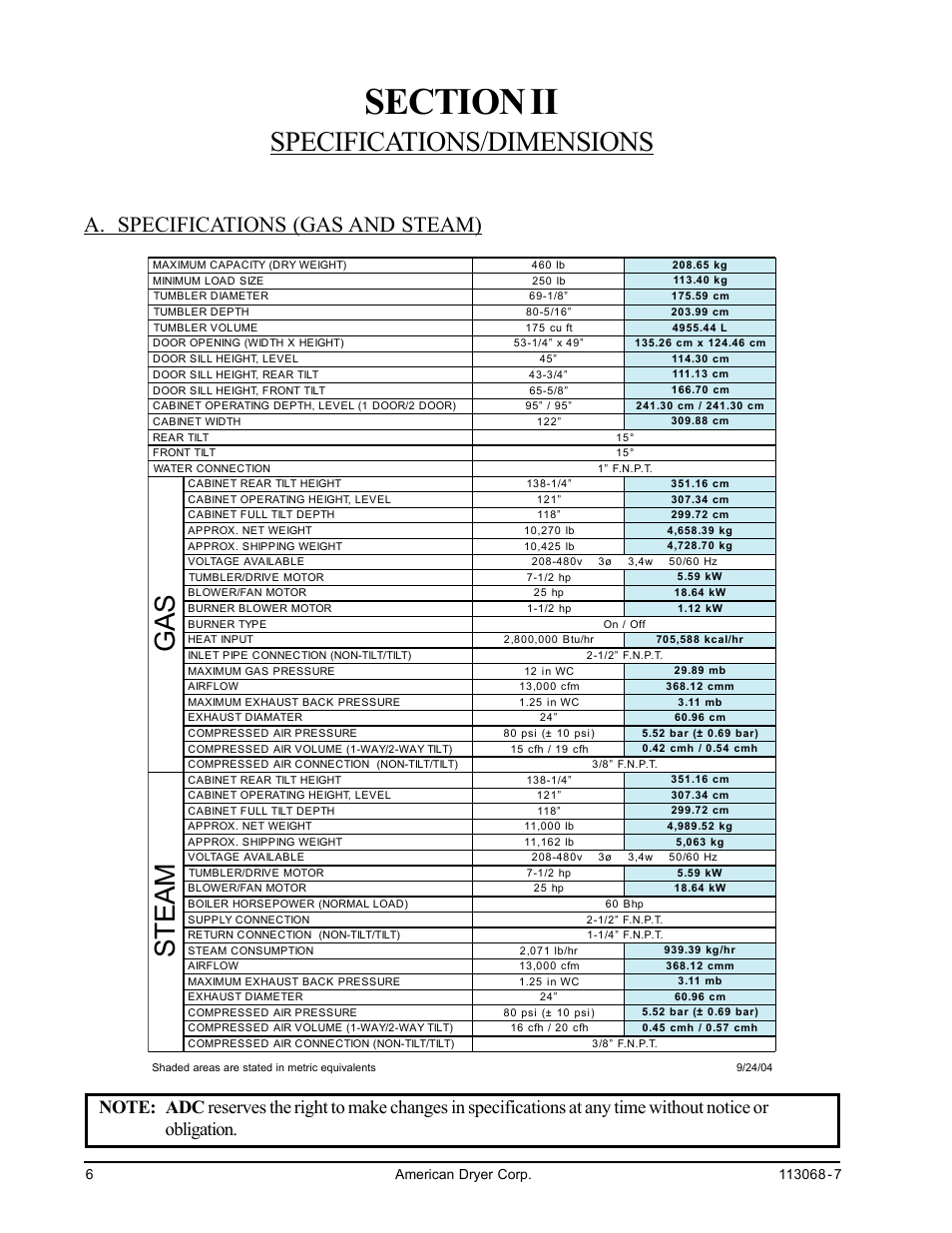 Section ii specifications/dimensions, A. specifications (gas and steam), Gas steam | Specifications/dimensions | American Dryer Corp. Phase 7 Gas/Steam AD-464 User Manual | Page 10 / 62