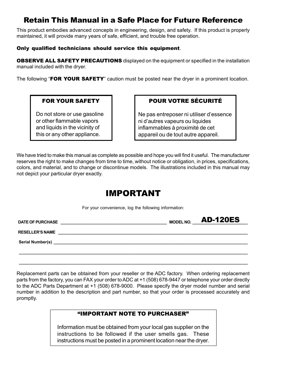 Important, Ad-120es | American Dryer Corp. AD-120ES User Manual | Page 2 / 50