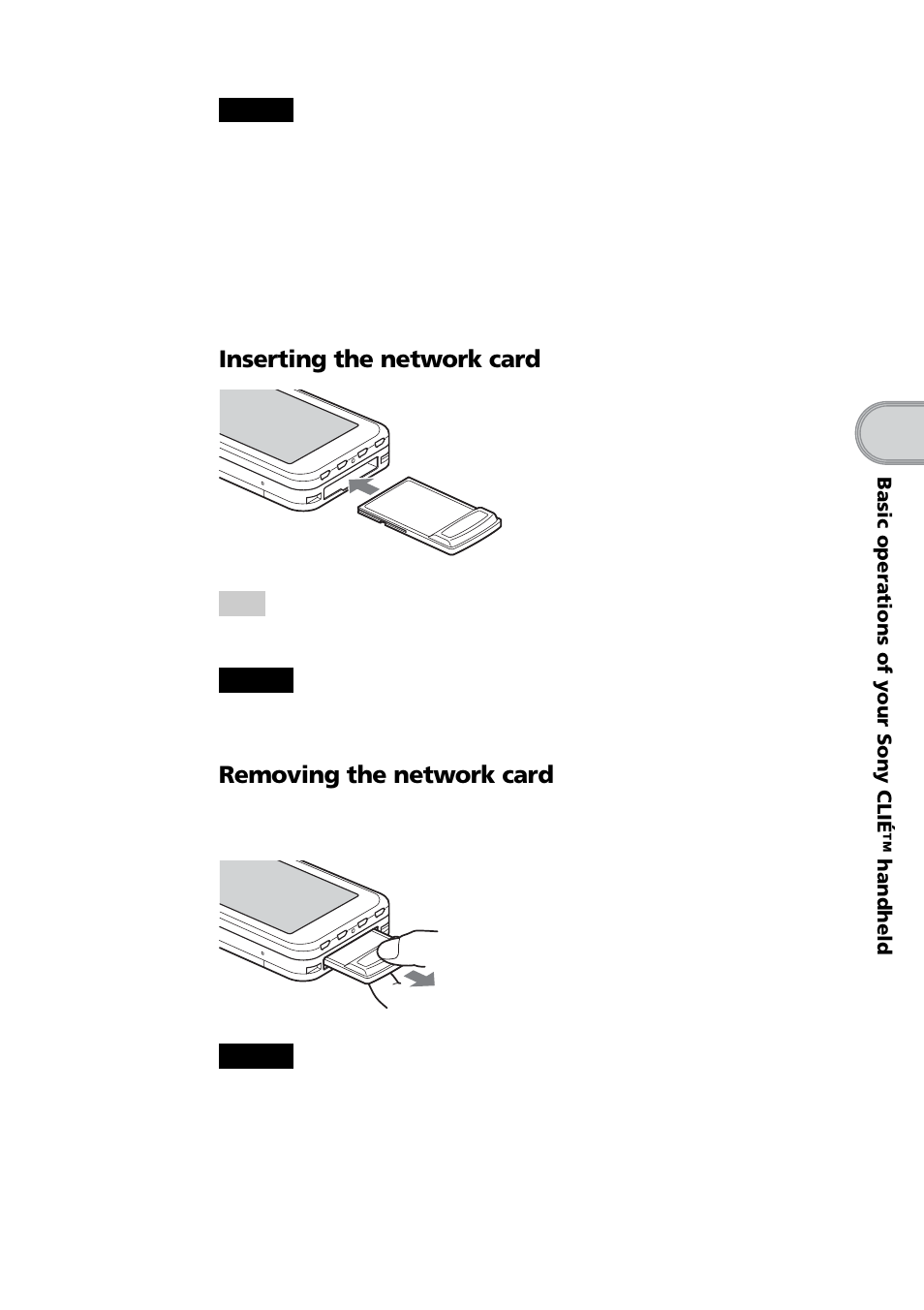 Inserting the network card, Removing the network card | Sony PEG-NZ90 User Manual | Page 39 / 116