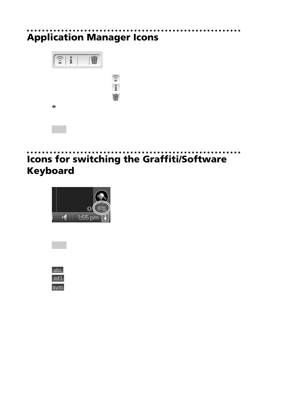 Application manager icons, Icons for switching the graffiti/software keyboard | Sony PEG-NZ90 User Manual | Page 46 / 116