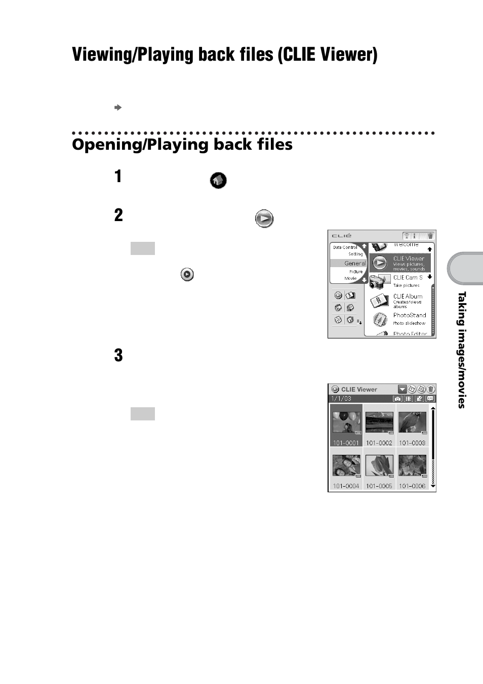 Viewing/playing back files (clie viewer), Opening/playing back files, Viewing/playing back files | Clie viewer) | Sony PEG-NZ90 User Manual | Page 63 / 116