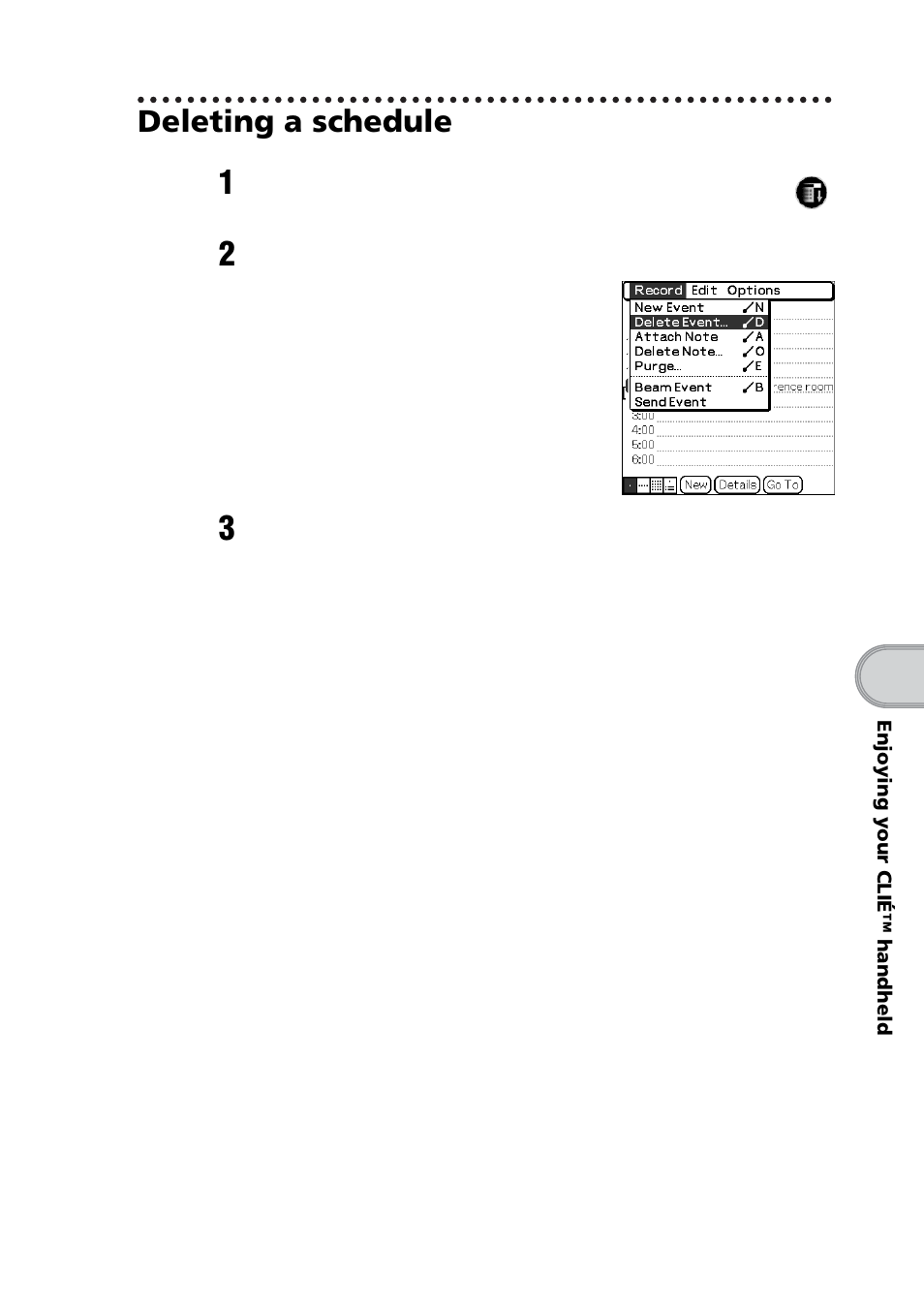 Deleting a schedule | Sony PEG-NZ90 User Manual | Page 77 / 116