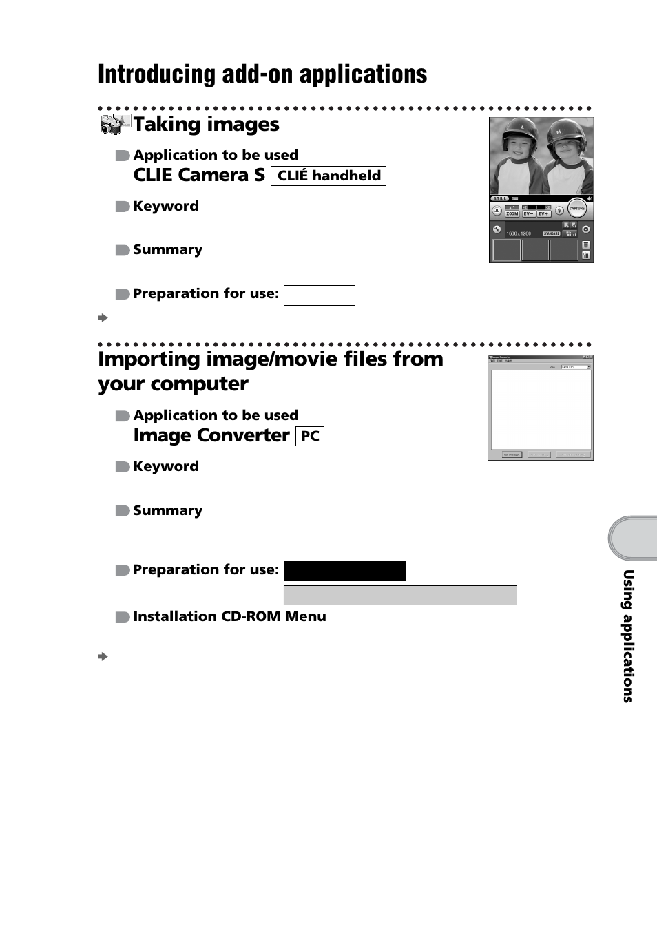 Introducing add-on applications, Taking images, Importing image/movie files from your computer | Clie camera s, Image converter | Sony PEG-NZ90 User Manual | Page 89 / 116