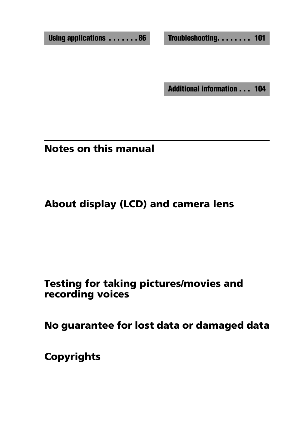 Notes on this manual, About display (lcd) and camera lens, No guarantee for lost data or damaged data | Copyrights | Sony PEG-NZ90 User Manual | Page 9 / 116