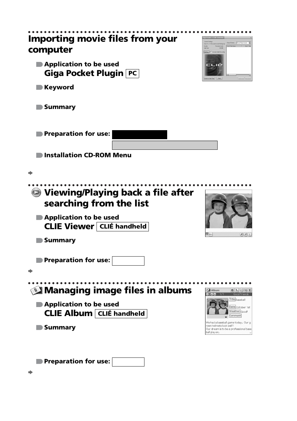 Importing movie files from your computer, Managing image files in albums, Giga pocket plugin | Clie viewer, Clie album | Sony PEG-NZ90 User Manual | Page 90 / 116