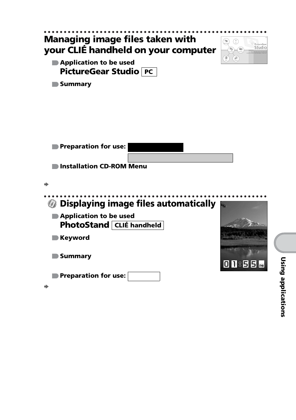 Displaying image files automatically, Picturegear studio, Photostand | Sony PEG-NZ90 User Manual | Page 91 / 116
