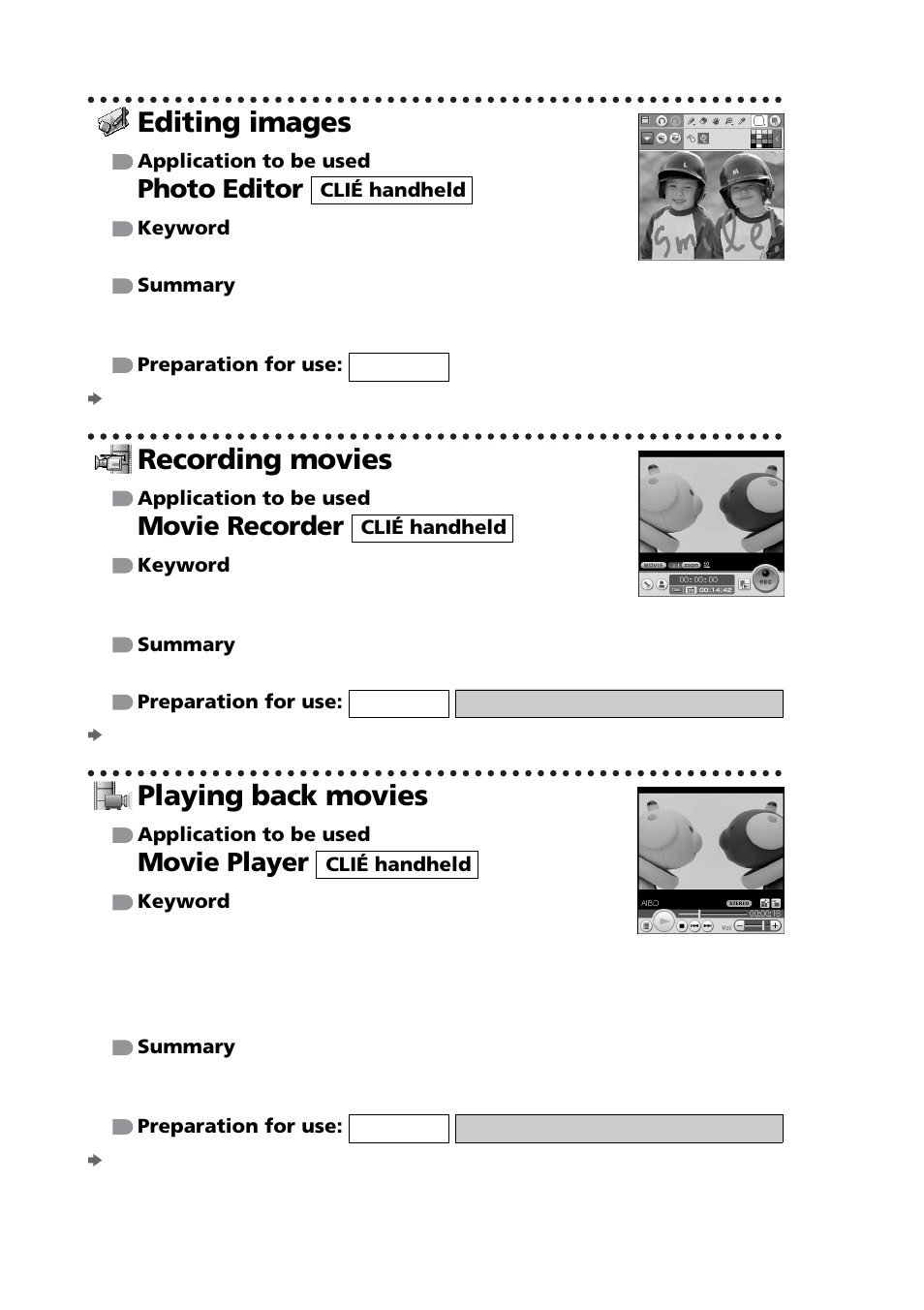 Editing images, Recording movies, Playing back movies | Photo editor, Movie recorder, Movie player | Sony PEG-NZ90 User Manual | Page 92 / 116