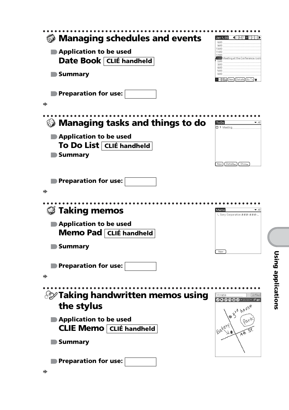 Managing schedules and events, Managing tasks and things to do, Taking memos | Taking handwritten memos using the stylus, Date book | Sony PEG-NZ90 User Manual | Page 95 / 116