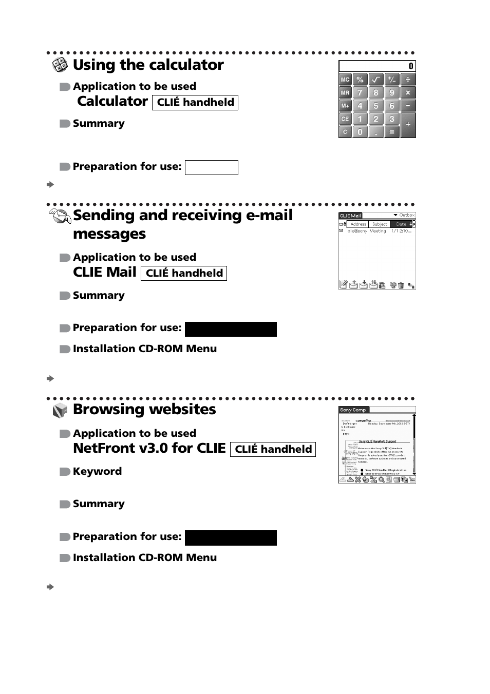 Using the calculator, Sending and receiving e-mail messages, Browsing websites | Calculator, Clie mail, Netfront v3.0 for clie | Sony PEG-NZ90 User Manual | Page 96 / 116
