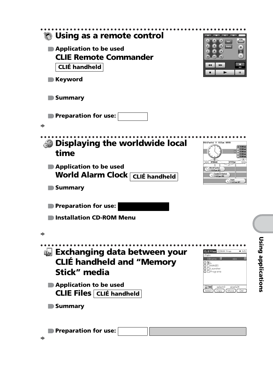 Using as a remote control, Displaying the worldwide local time, Clie remote commander | World alarm clock, Clie files | Sony PEG-NZ90 User Manual | Page 97 / 116