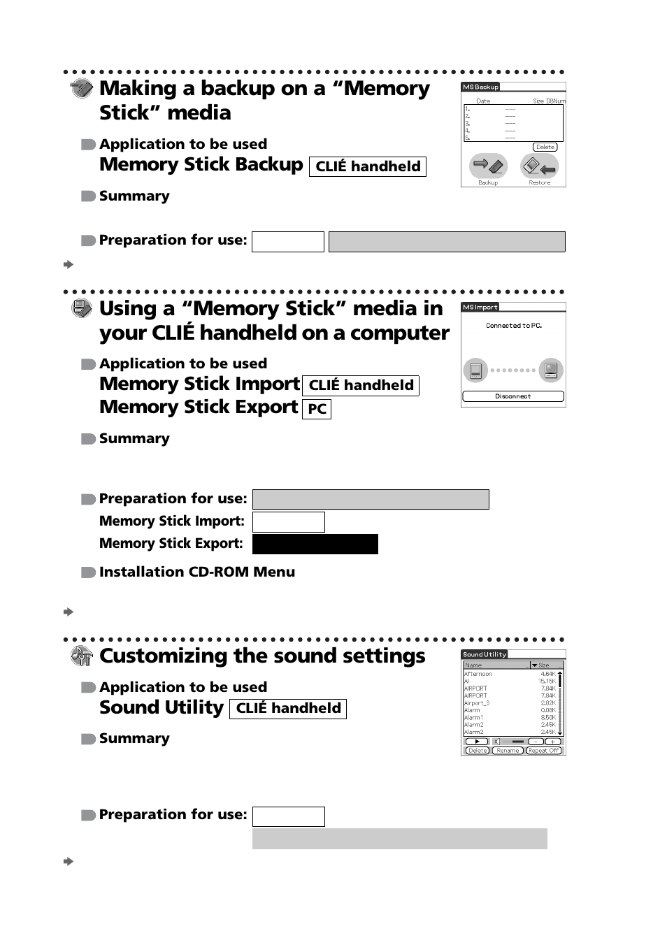 Making a backup on a “memory stick” media, Customizing the sound settings, Sound utility | Sony PEG-NZ90 User Manual | Page 98 / 116