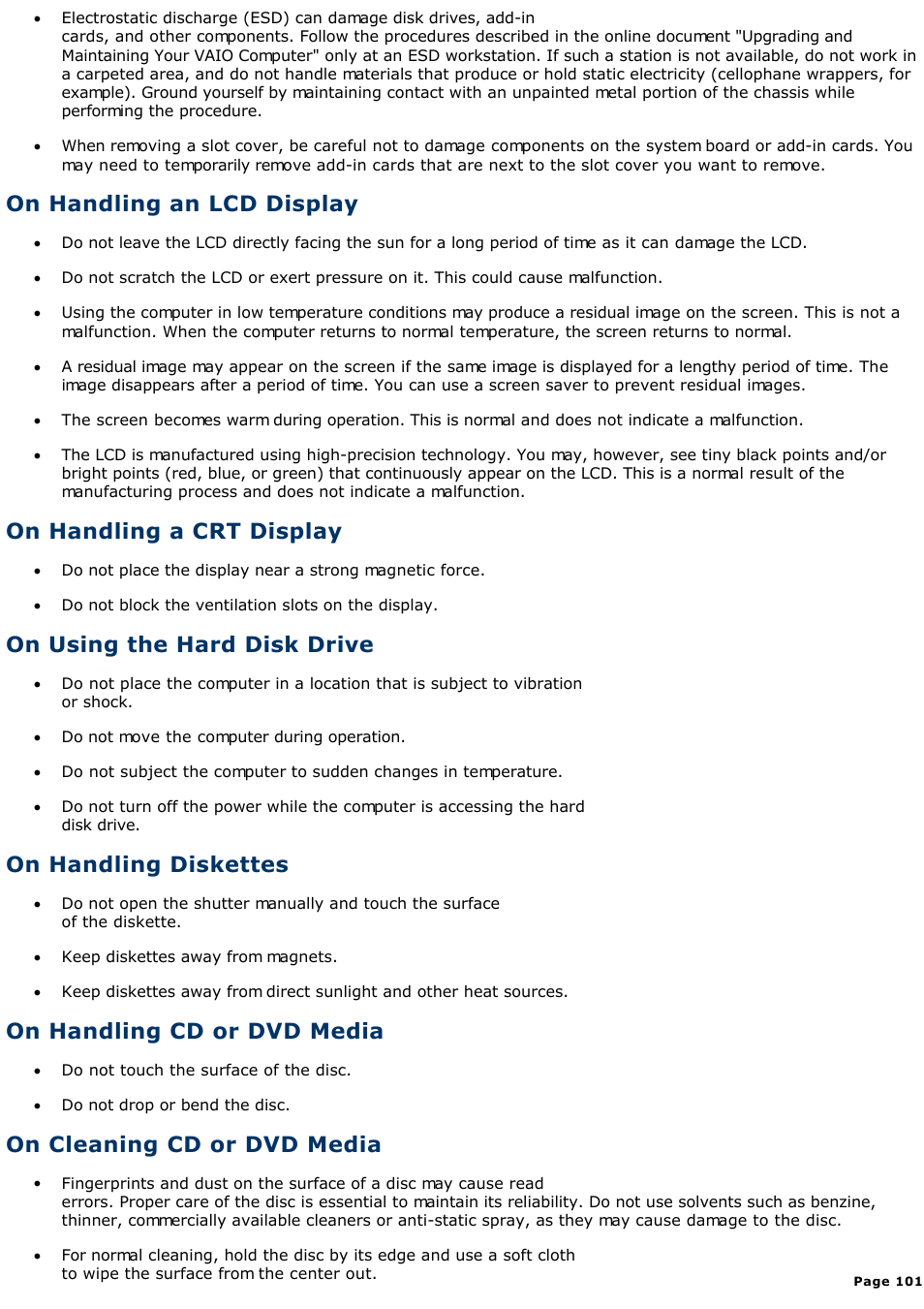 On handling an lcd display, On handling a crt display, On using the hard disk drive | On handling diskettes, On handling cd or dvd media, On cleaning cd or dvd media | Sony PCV-R528DS User Manual | Page 101 / 245