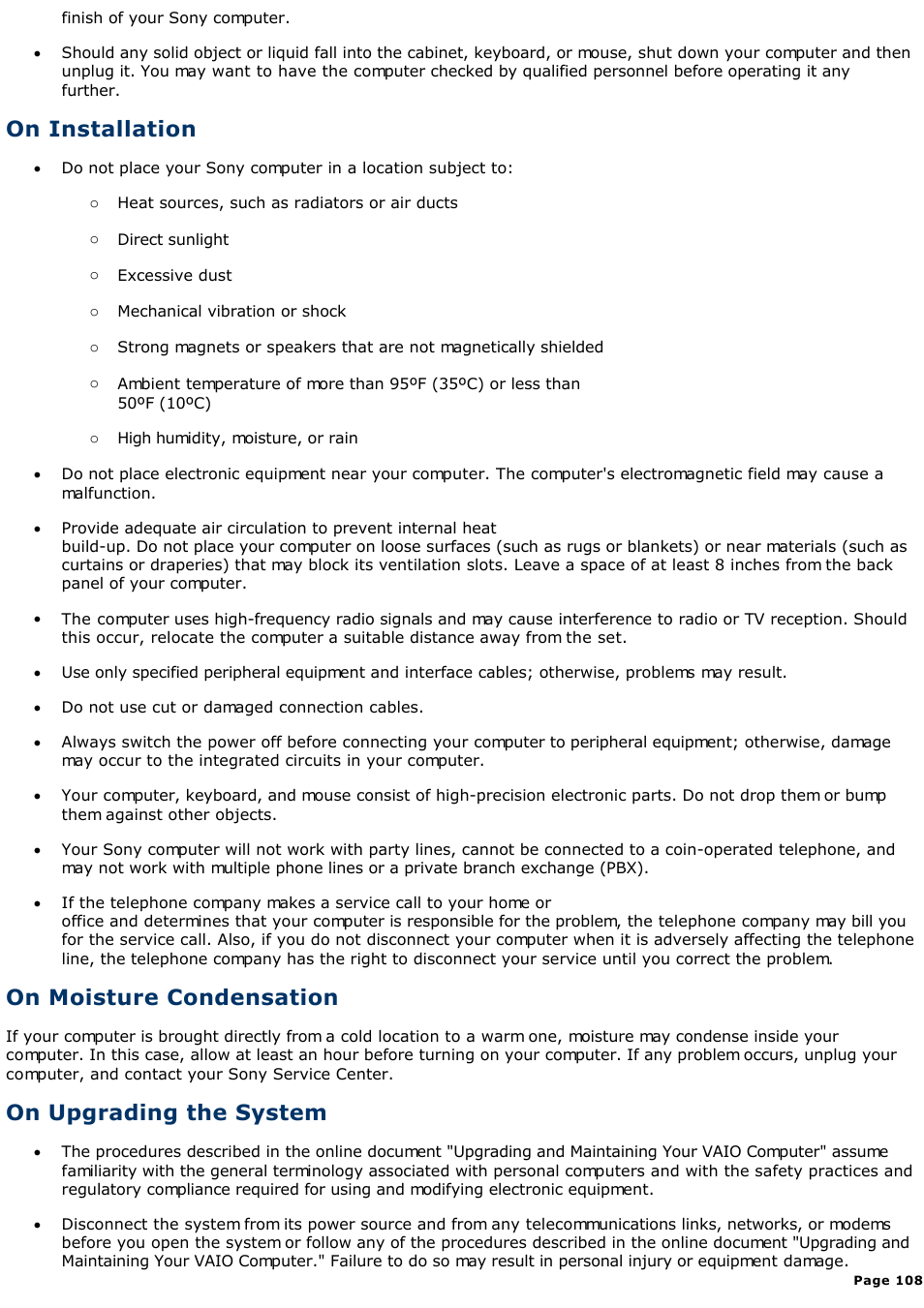 On installation, On moisture condensation, On upgrading the system | Sony PCV-R528DS User Manual | Page 108 / 245