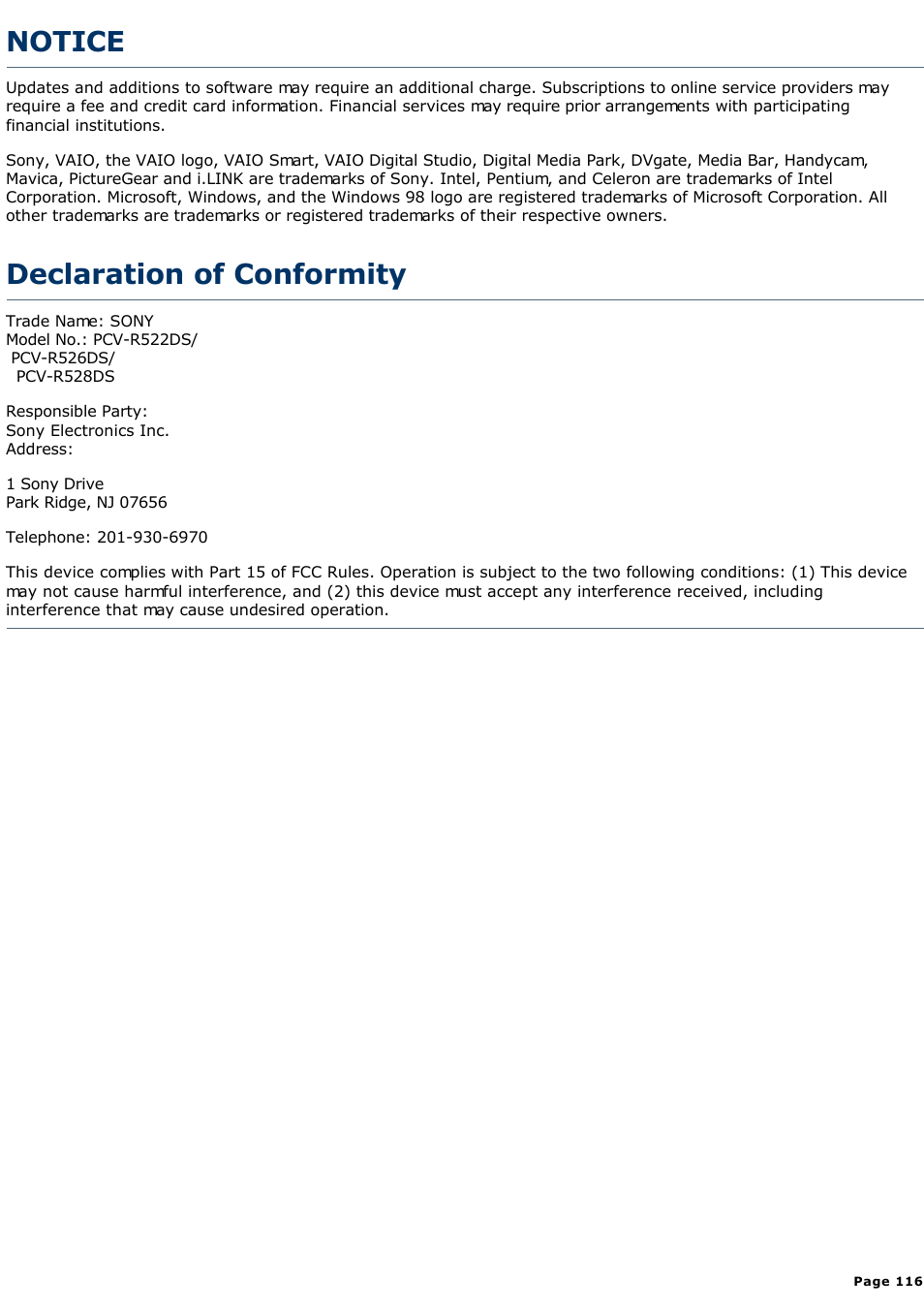 Declaration of conformity, Notice | Sony PCV-R528DS User Manual | Page 116 / 245