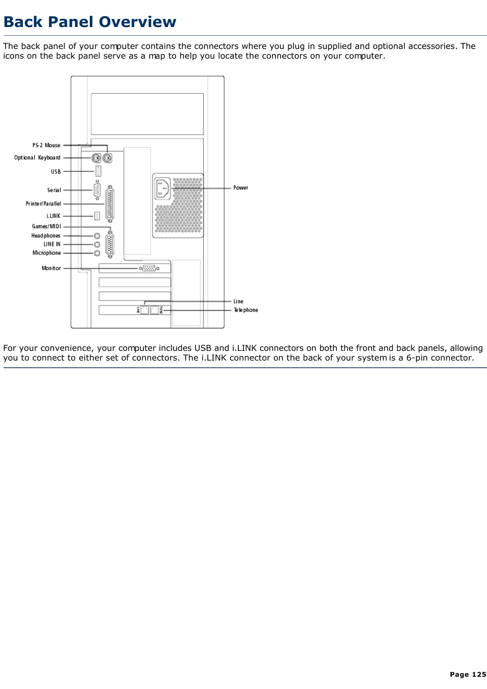 Back panel overview | Sony PCV-R528DS User Manual | Page 125 / 245