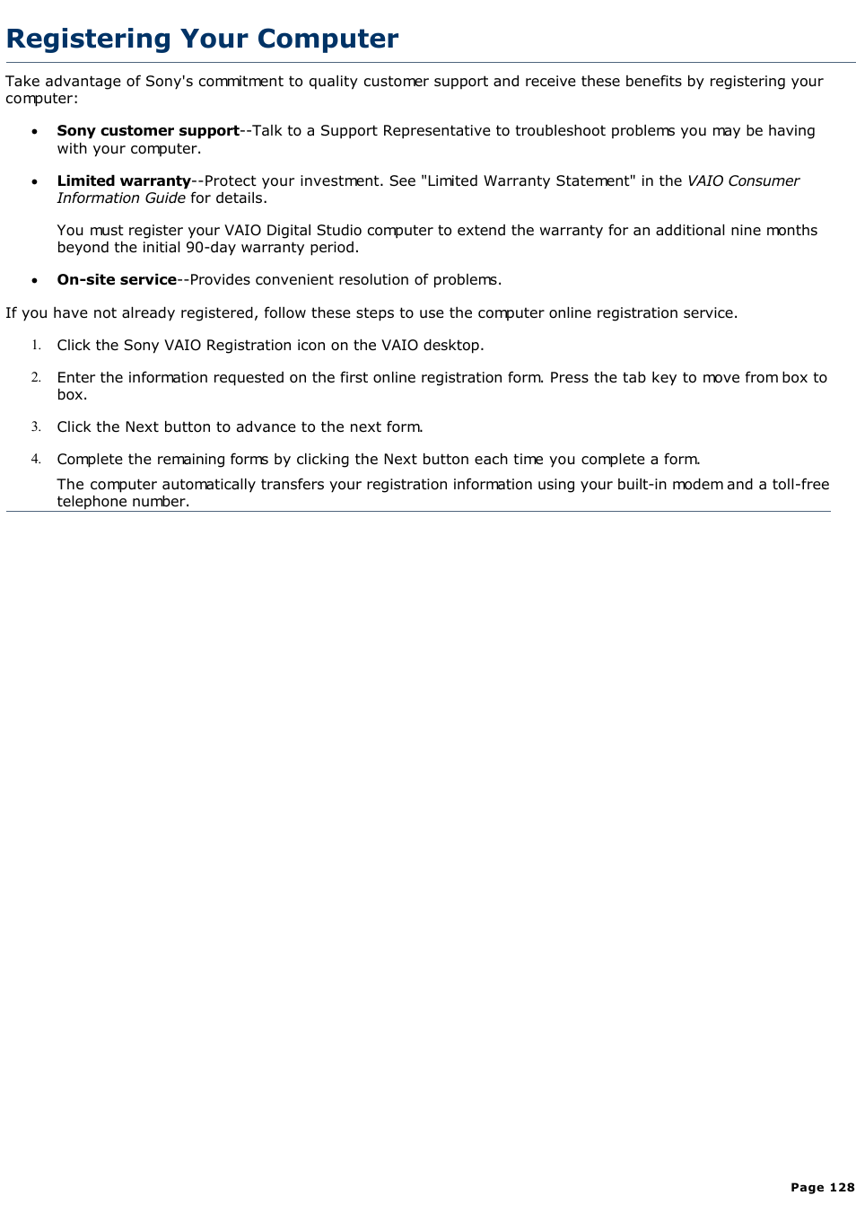 Registering your computer | Sony PCV-R528DS User Manual | Page 128 / 245