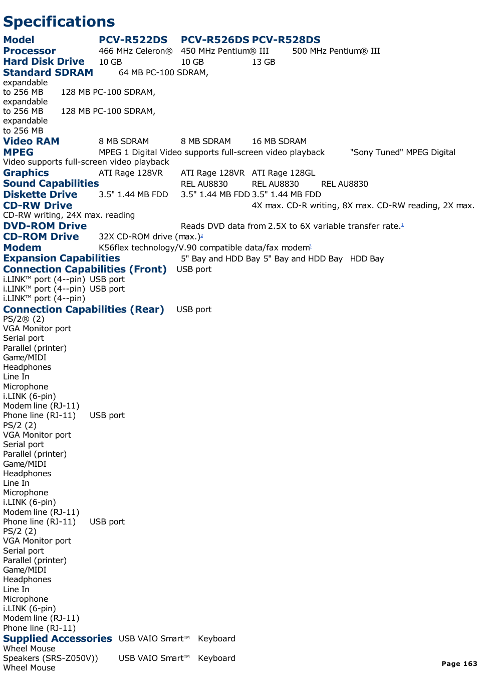 Specifications | Sony PCV-R528DS User Manual | Page 163 / 245