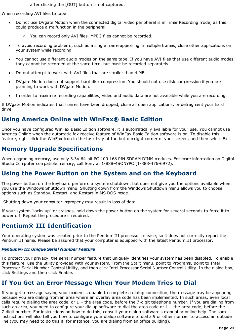 Using america online with winfax® basic edition, Pentium® iii identification | Sony PCV-R528DS User Manual | Page 21 / 245