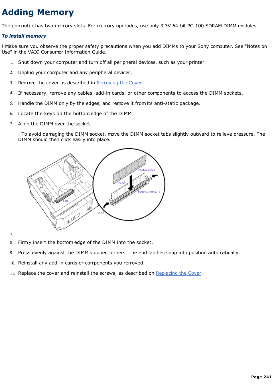 Adding memory | Sony PCV-R528DS User Manual | Page 241 / 245