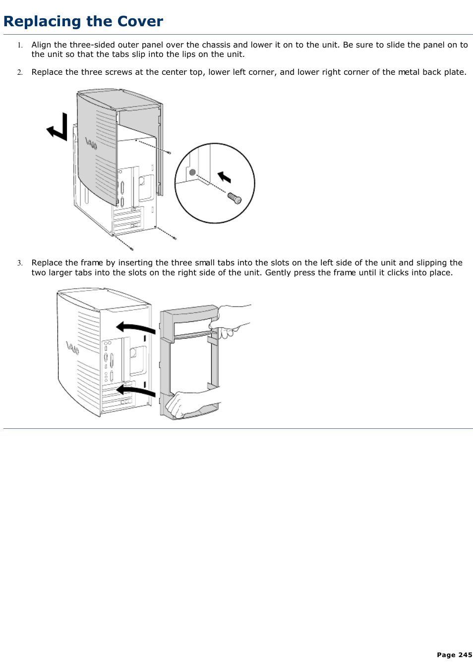 Replacing the cover | Sony PCV-R528DS User Manual | Page 245 / 245