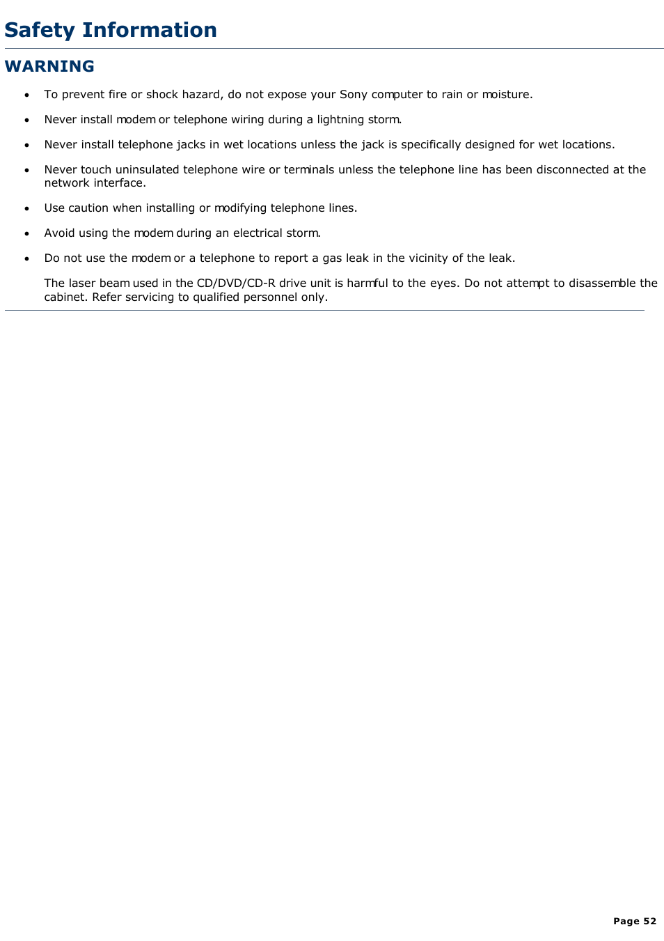 Safety information, Warning | Sony PCV-R528DS User Manual | Page 52 / 245