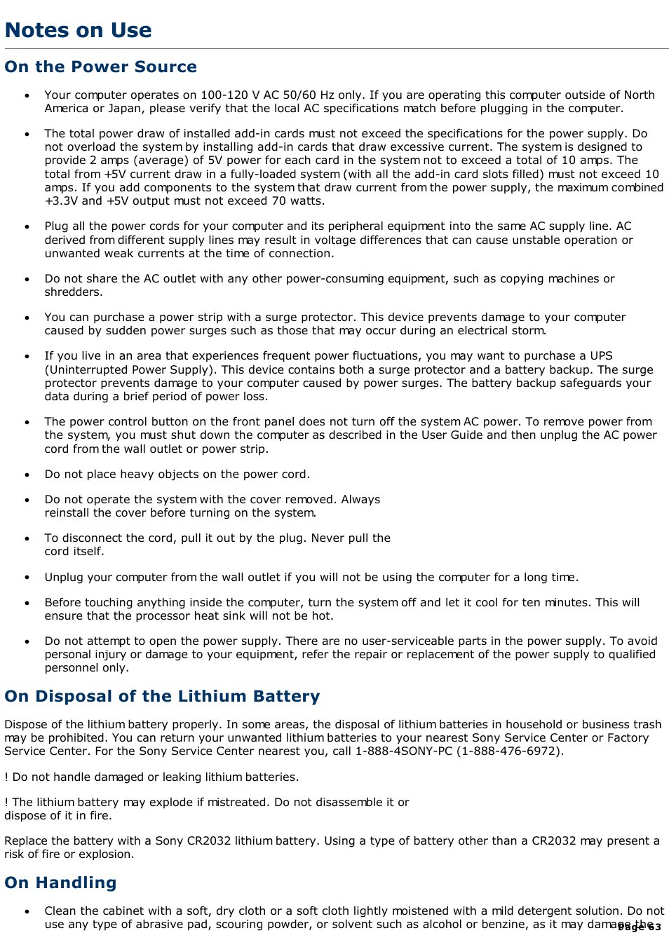 On the power source, On disposal of the lithium battery, On handling | Sony PCV-R528DS User Manual | Page 63 / 245