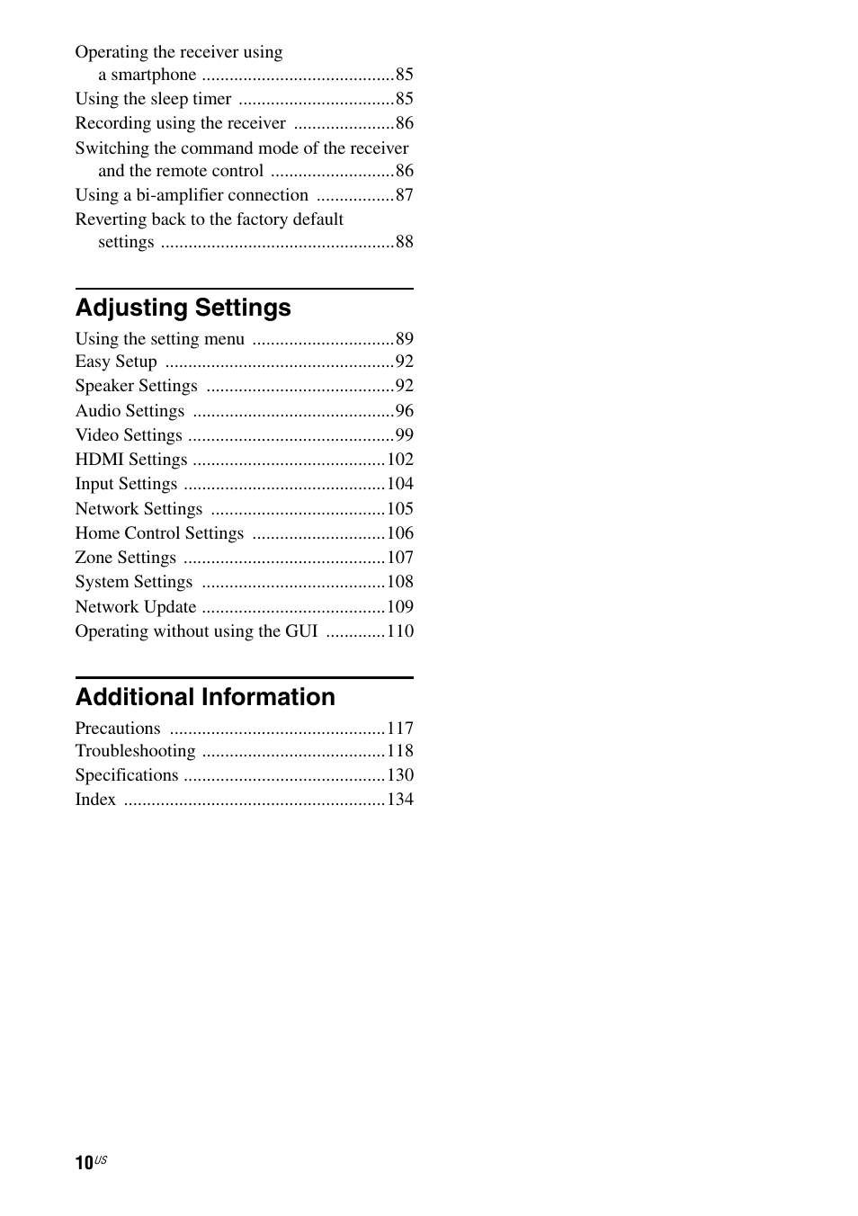 Adjusting settings, Additional information | Sony STR-DA2800ES User Manual | Page 10 / 138