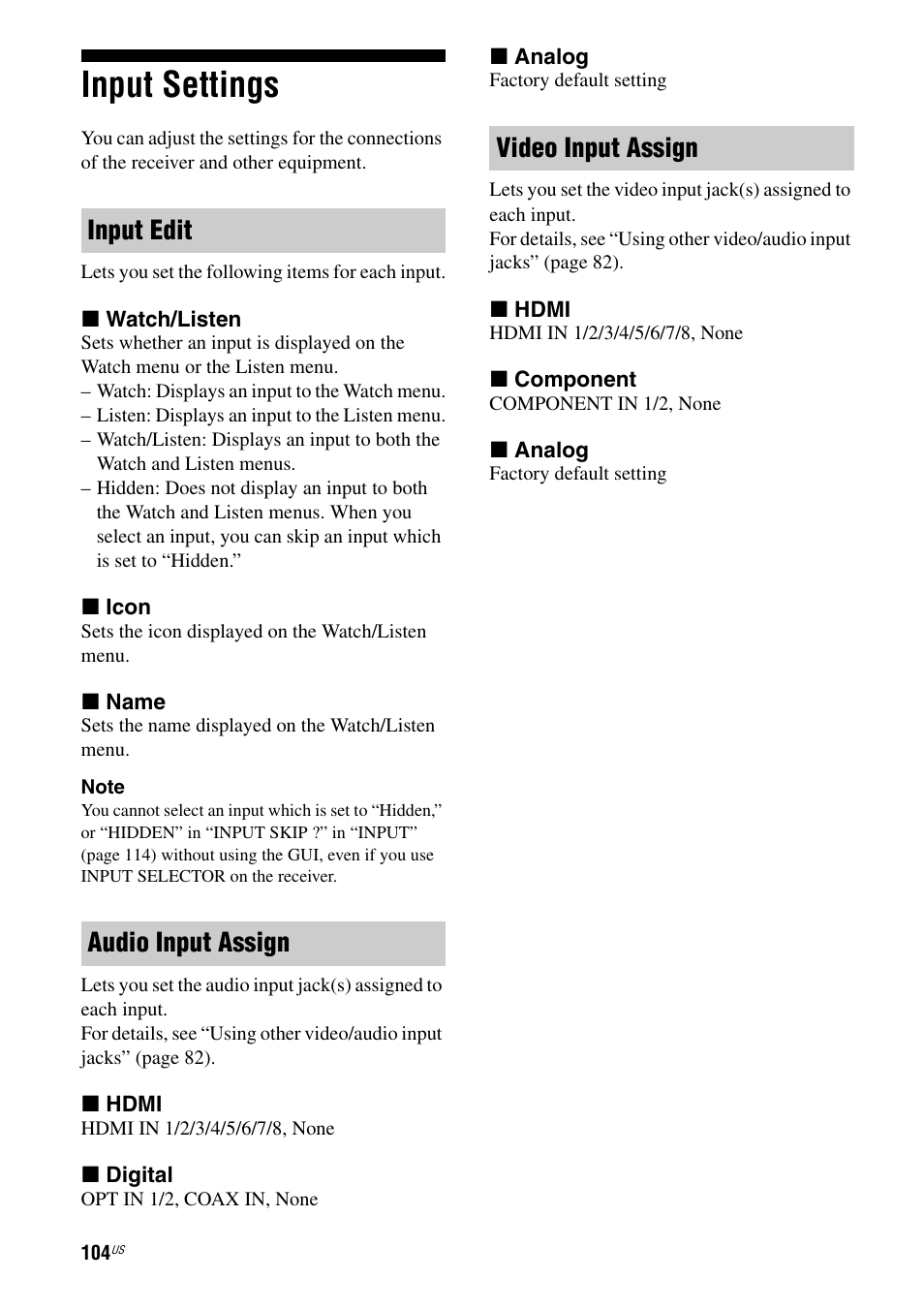Input settings, Input edit audio input assign video input assign | Sony STR-DA2800ES User Manual | Page 104 / 138