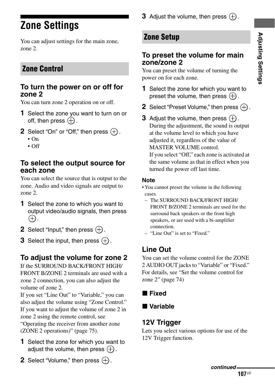 Zone settings, Zone control zone setup | Sony STR-DA2800ES User Manual | Page 107 / 138