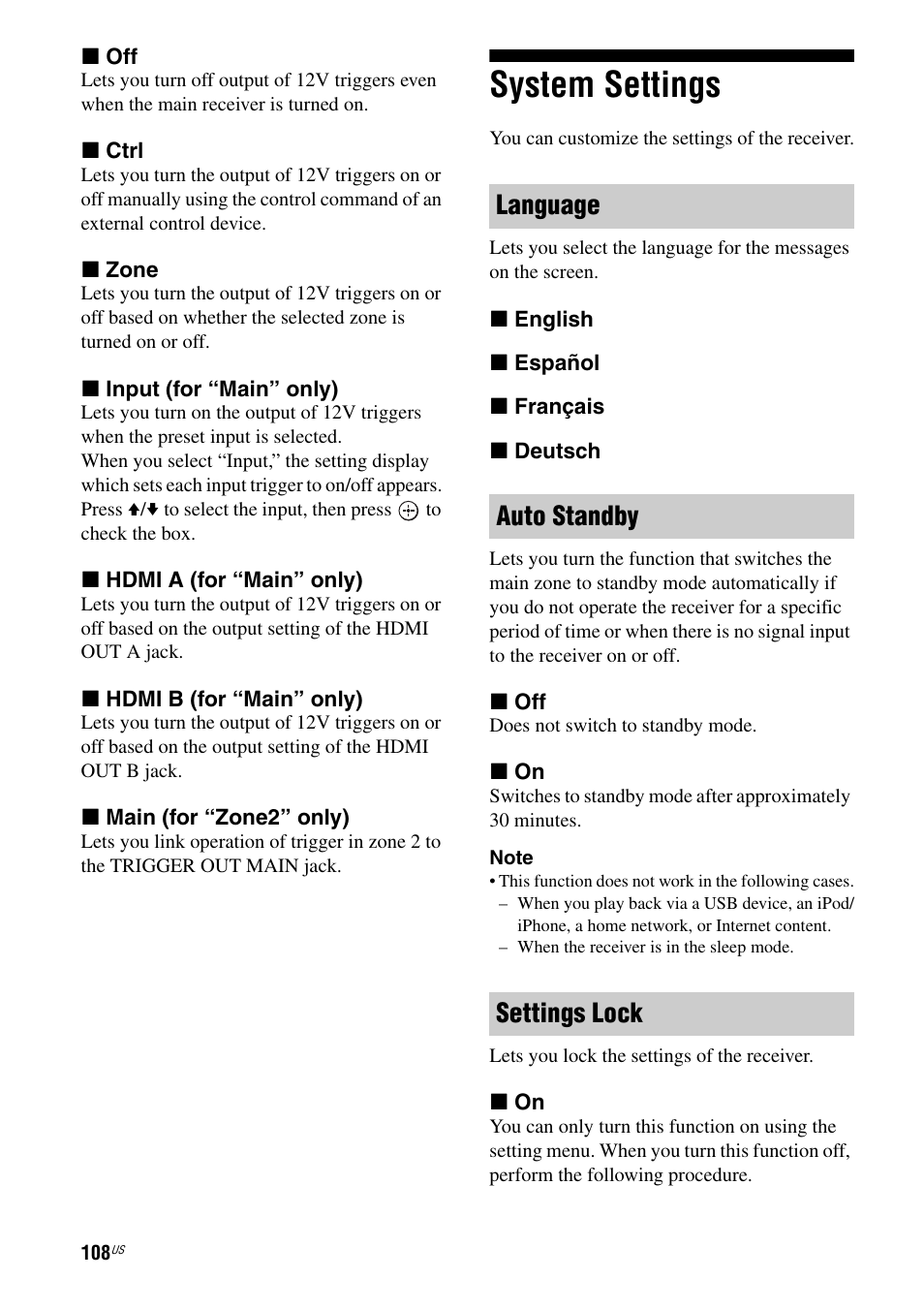 System settings, Language auto standby settings lock | Sony STR-DA2800ES User Manual | Page 108 / 138