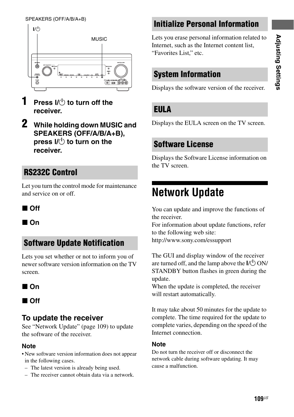 Network update, Rs232c control software update notification | Sony STR-DA2800ES User Manual | Page 109 / 138