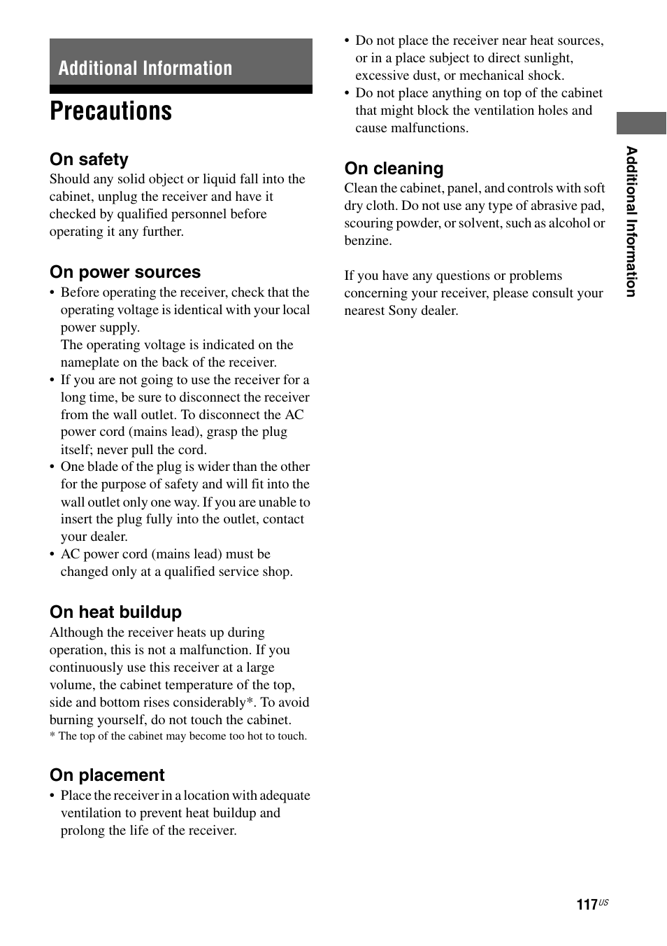 Additional information, Precautions | Sony STR-DA2800ES User Manual | Page 117 / 138