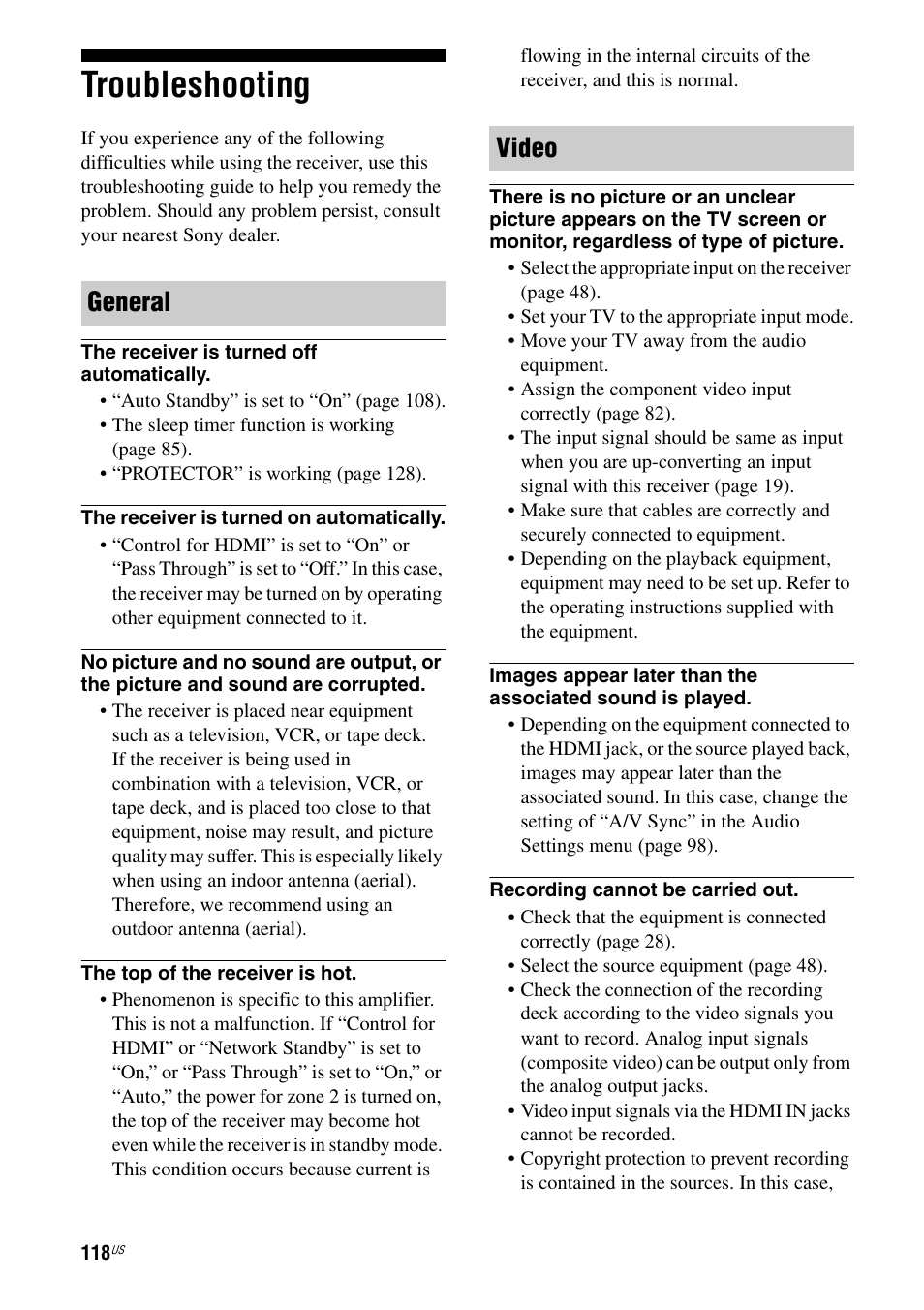 Troubleshooting, General video | Sony STR-DA2800ES User Manual | Page 118 / 138