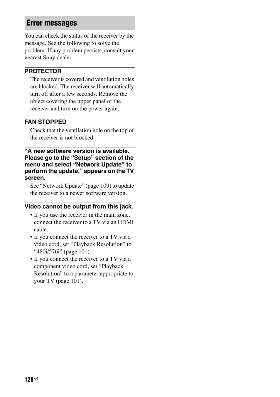 Error messages | Sony STR-DA2800ES User Manual | Page 128 / 138