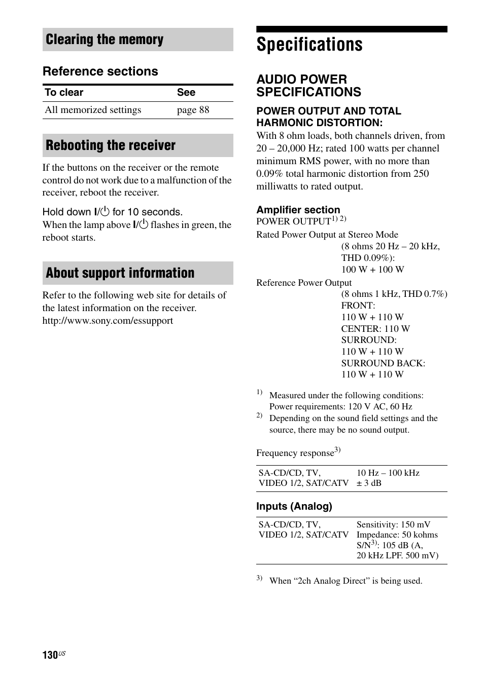 Specifications, Rebooting the receiver about support information, Audio power specifications | Sony STR-DA2800ES User Manual | Page 130 / 138