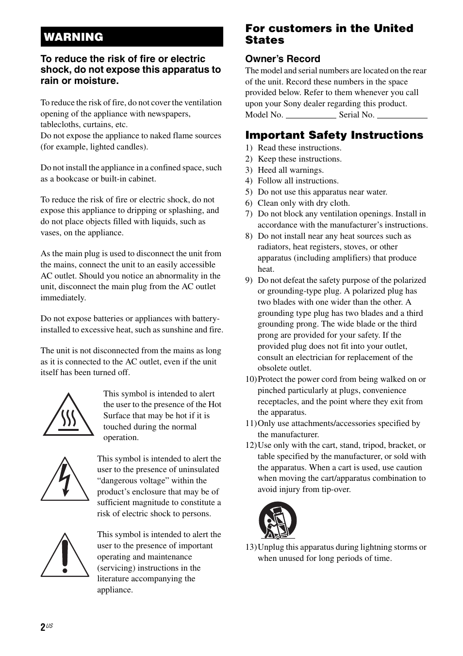 For customers in the united states, Important safety instructions, Warning | Sony STR-DA2800ES User Manual | Page 2 / 138