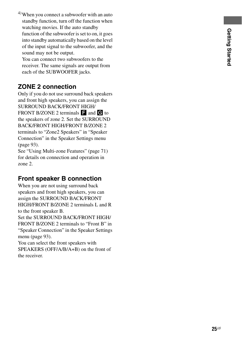 Zone 2 connection, Front speaker b connection | Sony STR-DA2800ES User Manual | Page 25 / 138